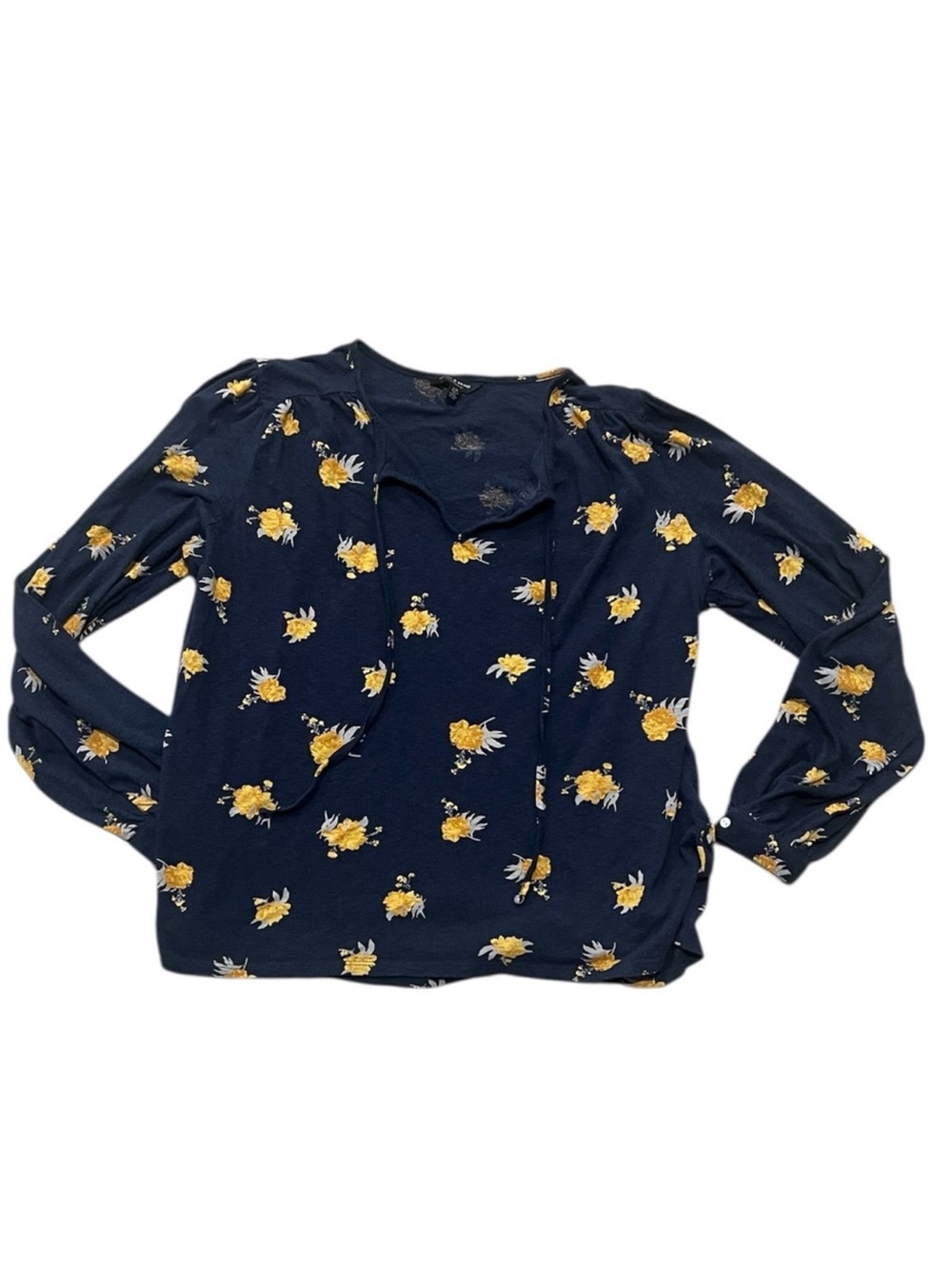 Lucky Brand Blouse L Navy Yellow Floral Long Sleeve